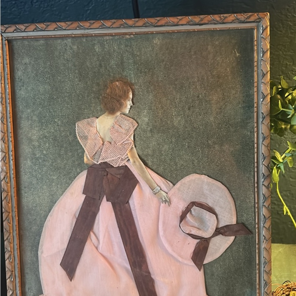 Vintage Mixed-Media Lady in Pink paper doll art / possible real hair .